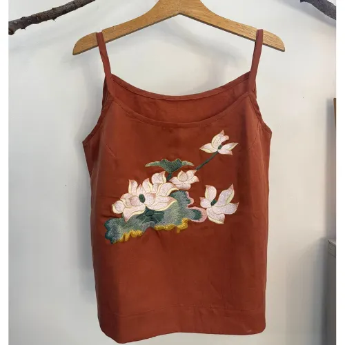 Áo hai dây linen thêu hoa sen thủ công